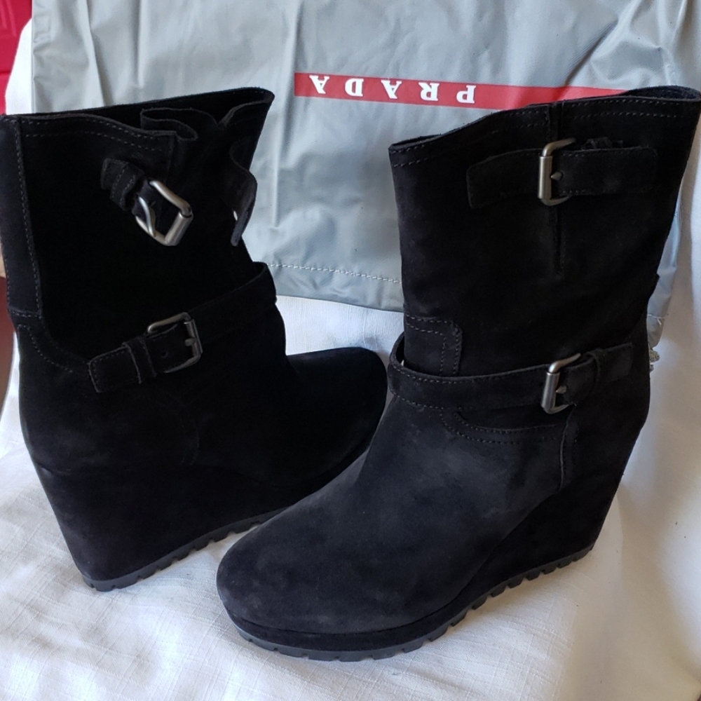 Prada Authentic Suede Black Wedge Boots 39.5EU=9.5 - Picture 15 of 16